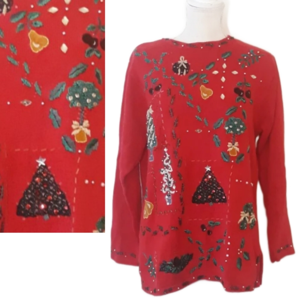 Vintage Victoria Jones Christmas Sweater / Womens Large Red Embellished Holidays